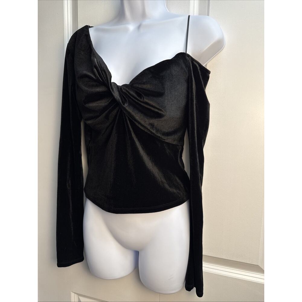Elodie‎ Womens Large Black Velvet Asymmetrical Twist Long Sleeve Top NWT - Picture 3 of 7